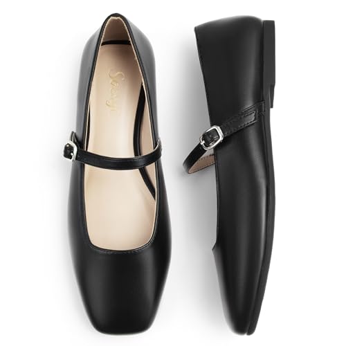 Soesyi Women's Mary Jane Ballet Flats Square Toe Ankle Strap Shoes for Women Adjustable Buckle Soft Dressy Party Wedding,Size 6.5，Black PU
