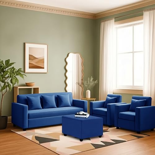 Image of 3+1+1 Seater Sofa Set with Ottoman -Modern Velvet Fabric Sofa Set for Living Room, Deep Seating Comfort with Cushions (Blue)