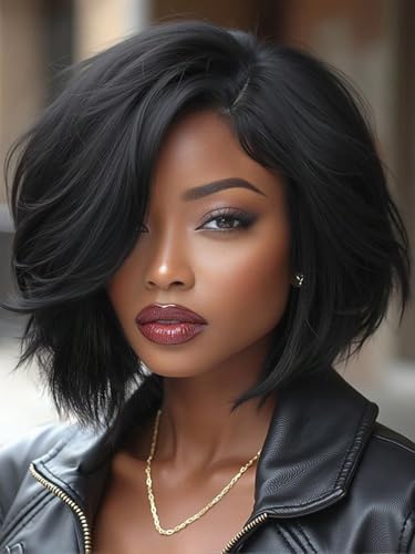 WIGNEE Perruque courte au carré avec raie sur le côté 4×1, perruque au carré coupe pixie 10 pouces, perruques au carré synthétiques lisses Yaki pour...