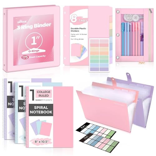 SKYDUE Pink School Supplies Set  1" 3-Ring Binder, 2 Expanding File Folders, 3 Spiral Notebooks, 8 Tab Dividers & Pencil Pouch  Cute Stationery for High School Stude, College Essentials