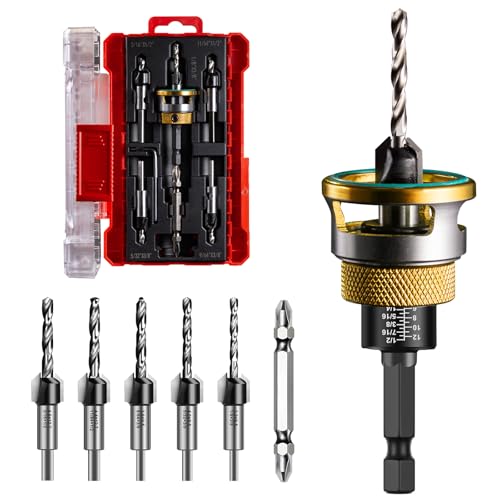 Countersink Drill Bit Set - 5 Pcs Countersink Drill Bit with Aluminum Alloy Depth Stop Collar HSS M2 Bearing Stopper Anti-Scratch 82 Counterbores 1/4 Hex Shank for Woodworking Tools & Hand Tools