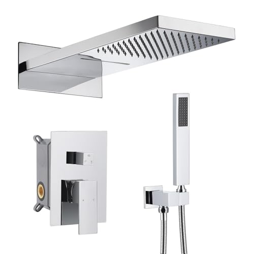 Cascada 9”x22” Sistema de ducha Luxury (Montado en pared) con válvula de mango único, 3 funciones (Lluvia, Cascada y ducha de mano) (Bronce aceitado) miniatura 1