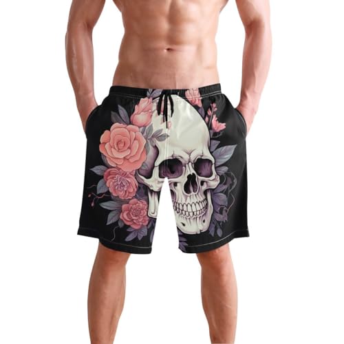 Skull Gothic Pink Flower Mens Swim Trunks Quick Dry Beach Shorts with Pocket S 202a5856