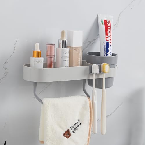 Image of HOKIPO Wall-Mounted Bathroom Shelf with Cup Holder & Towel Rod | Stickable Bathroom Organizer | No Drill Self Adhesive Storage Rack | Magic Sticker Bathroom Accessories Set (AR-6090)