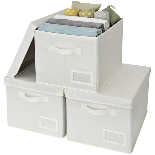 Image of GRANNY SAYS Storage Baskets for Organizing, Linen Closet Shelf Organizers and Storage Containers with Label Holder, Large Storage Bins with Lids for Bedroom, Ivory, 3-Pack