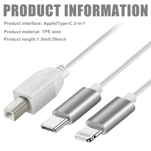 2 w 1 kabel USB-C na USB-B Midi, 1 m OTG do iPhone'a, iOS, kontrolera, interfejsu audio, klawiatury, elektronicznego instrumentu muzycznego (biały)