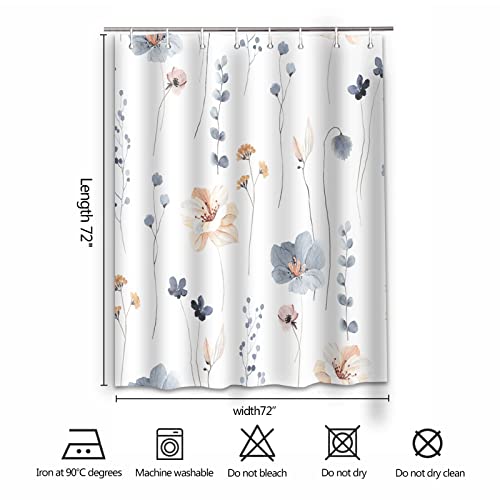 Decoreagy Watercolor Floral Shower Curtain Sets,Blue Beige Flowers Bathroom Curtains,Modern Minimalist White Bath Curtain, Waterproof Fabric With 12 Hooks 72X72 Inches #TOP6