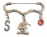 Royal Swan Personalised, Antique Silver & Crystal Graduation Brooch with Mortarboard Hat & Scroll Charm, Initial & Birthstone in a Velvet, Drawstring Gift Bag. Graduate Badge/Pin.