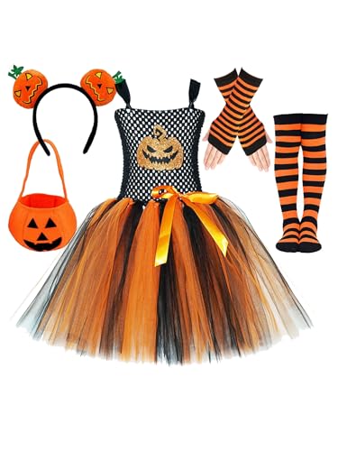 YEAHDOR Vestido De Calabaza Iluminada De Halloween Para Niñas Traje De Bruja Calabaza Con Bolsa De Truco O Trato Para Fiesta Temática 2-12 Años Naranja Negro 10-12 años