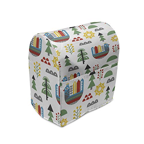 Ambesonne Cartoon Stand Mixer Cover, Pastel Chicken Apartments Sun Forest Trees Clouds Branches Cartoon, Kitchen Appliance Organizer Bag Cover with a Pocket, 6-8 Quarts, Off White and Multicolor