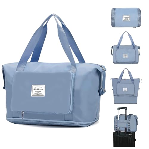 Image of Large Capacity Folding Travel Tote Bag, Oxford Fabric Waterproof Lightweight Foldable Travel Duffel Bag, Portable Expandable Travel Bag, Dry and Wet Separation Carry On Bag for Airplanes (Light Blue)