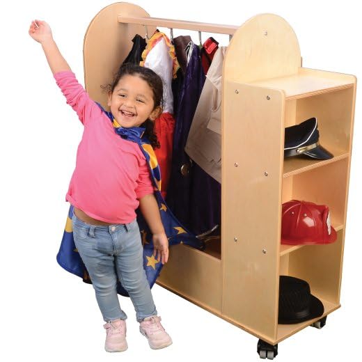 Constructive Playthings Rolling Mobile Wooden Dress-Up Cart for Children with Mirror and Hooks, Durable Classroom Furniture for Schools, Daycares & Learning Spaces