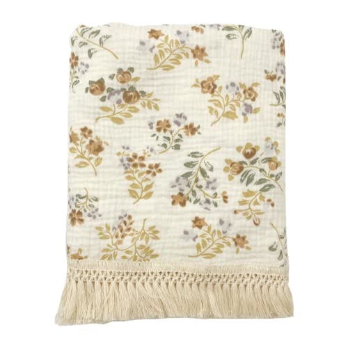 Insular Cotton Muslin Baby Blanket With Tassel, Boho Bohemian Muslin Swaddle Blanket Baby Receiving Blanket With Fringe, Nursery Decor Throw Or Nursing Blankets, 47" X40”, Flower #TOP27