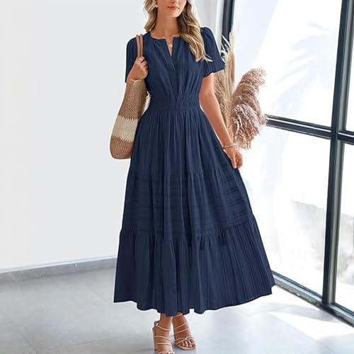 Women's Elegant Tiered Maxi Dress, Short Sleeve V-Neck, Empire Waist, Cotton, Casual Summer Dress ﻿2