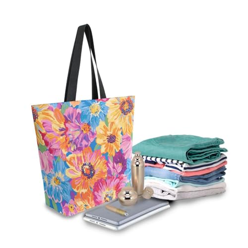 Extra Large Shoulder Tote Bag for Beach Travel Weekender Gym Colorful Flower Pattern Reusable Grocery Canvas Shopping Bag3