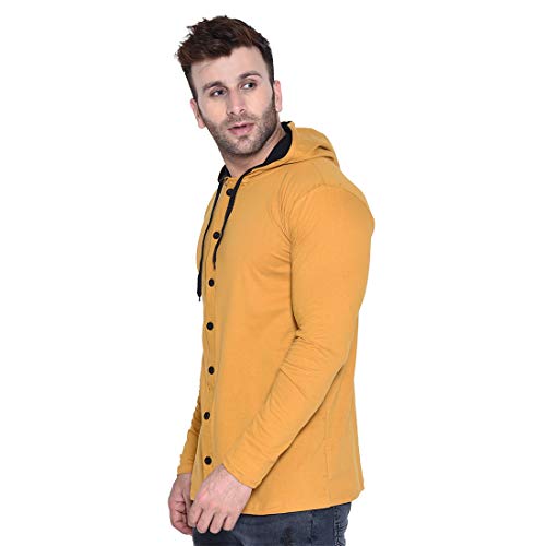 Image of Geum Men's Full Sleeve Hooded T-Shirt with Button-Down Front | Casual Slim Fit Cotton Shirt-Style Tee