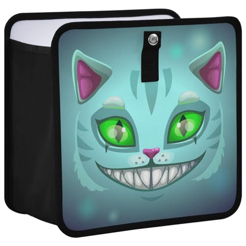Image of Fantasy Scary Laugh Cat Car Trash Can, Foldable Hanging Car Trash Bag, Cheshire Cat Green Eye Halloween Small Waterproof Car Accessories Garbage Bin