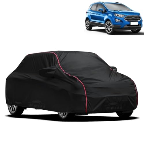Image of Waterproof Car Cover for Ford Ecosport | All-Weather Protection, Dustproof & UV Resistant | Triple Stitched Mirror Pockets, Windproof Buckle Strap with Elastic Hem, Black-Red Piping