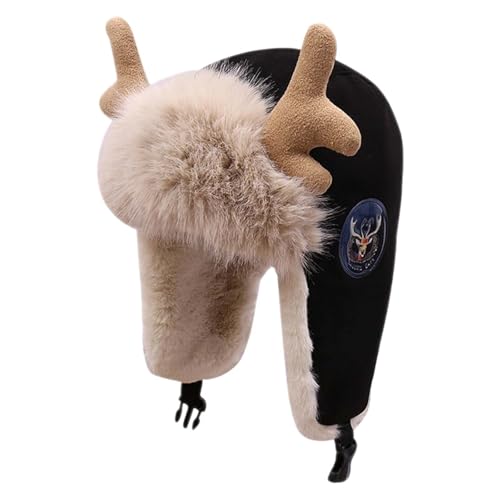 Generisch Gorro de invierno para mujer con orejas, resistente al viento, forro polar, gorro de invierno para clima frío al aire libre, gorro de aviador grueso, Negro , Talla única