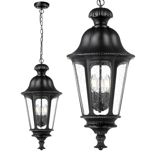Image of Outdoor Pendant Lights for Porch, HWH 26'' Large Exterior Hanging Light Fixtures with Seeded Glass, Outdoor Hanging Chandelier for Porch Patio Gazebo Hallway, Matte Black Finish, 5HW90H-L BK