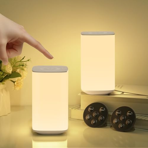 Bonsery Lot de 2 Lampes de Chevet LED avec Télécommande, 3000 mAh, Veilleuse Tactile Dimmable, Lumière Chaude/Naturelle/Blanche et 3 Modes RVB, Lampe de...