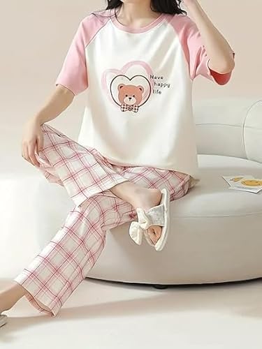 Image of Women's Pajama Set with Top & Pants|| Korean Night Wear|| Loose Fit Home Wear || Lightweight Printed Set || Soft & Comfy Girls & Women