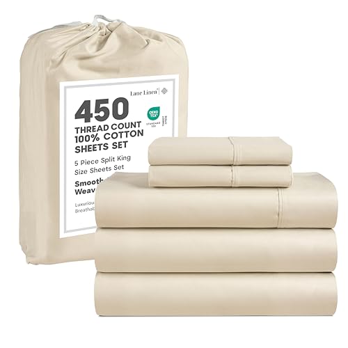 Image of LANE LINEN 100% Mercerized Cotton 450 Thread Count 5 Pc Split King Sheet Set, Luxury Sateen Weave, Machine Washable, Fade Resistant Split King Sheets for Adjustable Bed, Machine Washable - Ivory