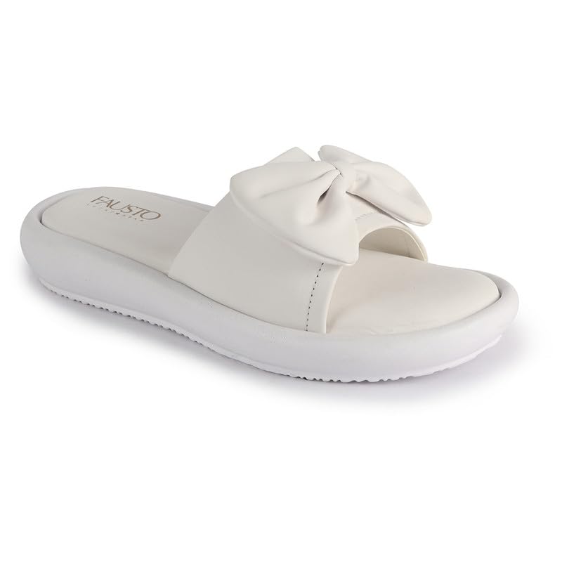 Image of FAUSTO Women Open Toe Bow Design Slip On Sliders | Extra Comfort Cushioned Insole Slippers | Classic Flat Sandals for All Day Long