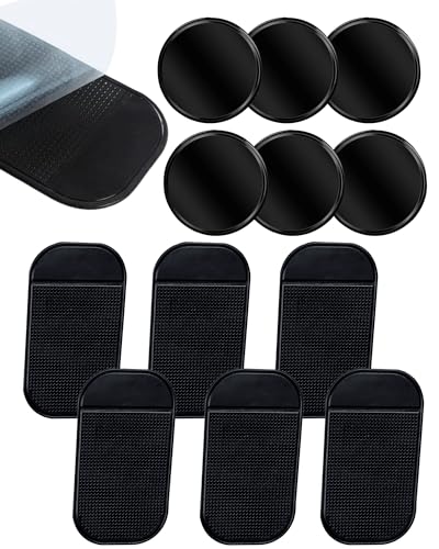 Srzllxfc 12-Pack Anti-Slip Dashboard Mats for Car - 6 Rectangular & 6 Circular Rubber Pads for Phones, Sunglasses, Keys - Heat Resistant & Reusable Car Grip Mat (Black)