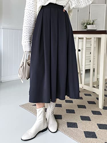ELDINA Women's Summe Casual Maxi Long Skirt Solid Fold Pleated Skirt (Color : Navy Blue, Size : Small)3