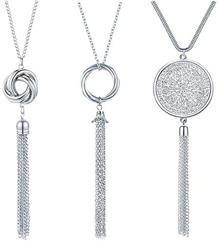 SWEET BELL 3 PCS Long Pendant Sweater Necklace for Women Disk Circle Pendant Necklace Tassel Sweater Necklace Statement Necklace Set