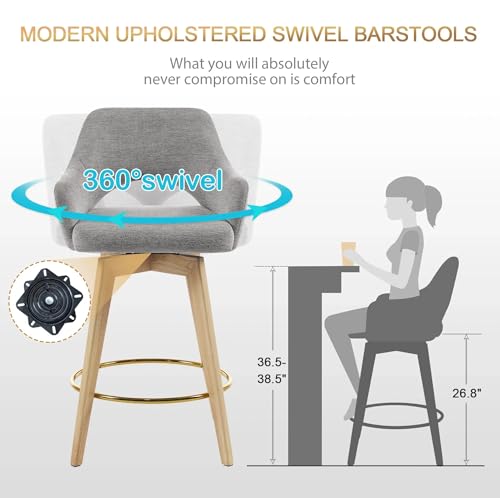 Image of Zesthouse Swivel Counter Stools Set of 2, Wooden Counter Height Bar Stools with Back & Arm, Upholstered Linen Fabric Barstools with Solid Wood Leg & Gold Footrest, Grey High Chairs for Kitchen Island