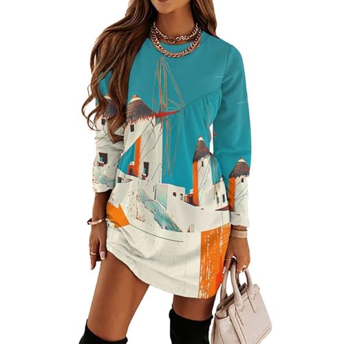 Bunte griechische Windmühlen, langärmelig, Damen-Tunika, lockere Passform, elegant, Herbstmode für Damen 2024, Schwarz, XL