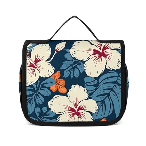 Trousse de toilette étanche avec crochet suspendu pour homme et femme motif hawaïen blanc