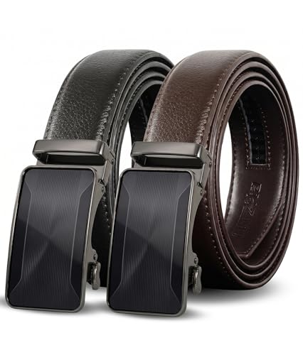 Image of Mens Ratchet Belts Leather-2 Packs,Adjustable Slide Belts For Gifts Men Dress and Casual 1 3 /8 inch,Cut for Perfect Fit