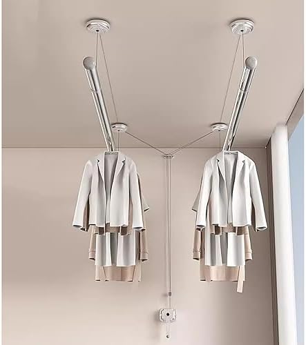 Ceiling Drying Rack Household Lifting Clothes Hanger Hand Shaker Balcony Double Pole Automatic Top Mounted Manual Clothes Hanger for Balcony, Bathroom to Pursue Happines,