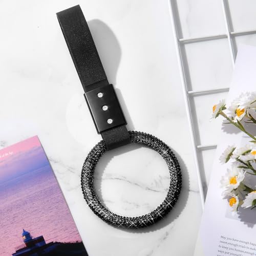 Image of Fabbay Round Car Handle Strap Drift Charm Car Accessories Bling Handle Ring for Women Rear Bumper Warning Ring Decor for Auto Bus Interior Exterior Decoration (Black, Round Style)