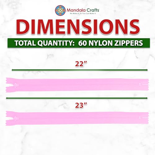Image of Mandala Crafts 60 PCs Pink Closed-End 22 Inches Nylon Zippers for Sewing