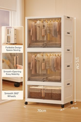 Image of Mevigo Door Plastic Wardrobe for Kids| Almirah and Wardrobe for Baby Clothes| Modular Storage Cabinet with Wheel Organizer for Cupboard Rack for Clothes /Shoes /Books /Toy (Shine White-721, 3- Door)