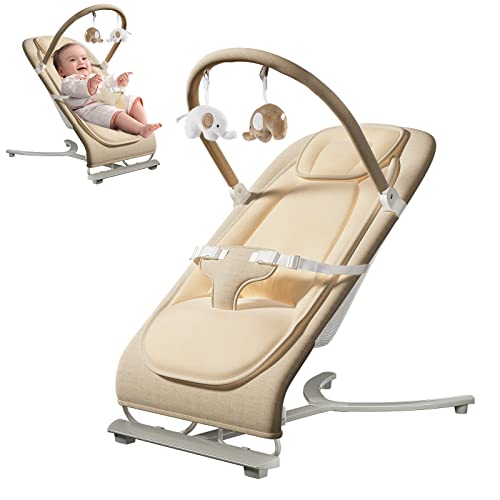 Image of Bouncer for Infants, Baby Bouncer with 3 Seat Positions & Overhead Pillow & Calming Bounce Bouncer for Baby with 3-Point Harness Easy to Fold (Khaki)