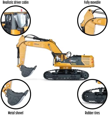Top Race 22 Channel Hobby Grade Remote Control Excavator, Construction Vehicle RC Tractor, Carries 180 Lbs, Diggs 1.1 Lbs Per Cubic Inch, Use with Our RC Dump Truck