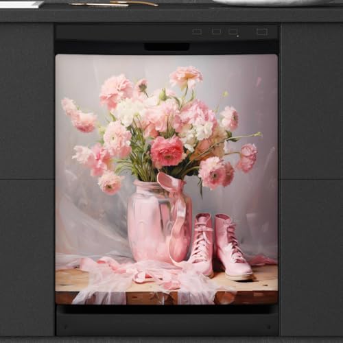 Copertura magnetica decorativa per lavastoviglie, texture in morbida garza, fiori rosa e scarpe da ballo, antigraffio, adesivi magnetici decorativi per frigorifero, pannello lavastoviglie, 58,4 x 66