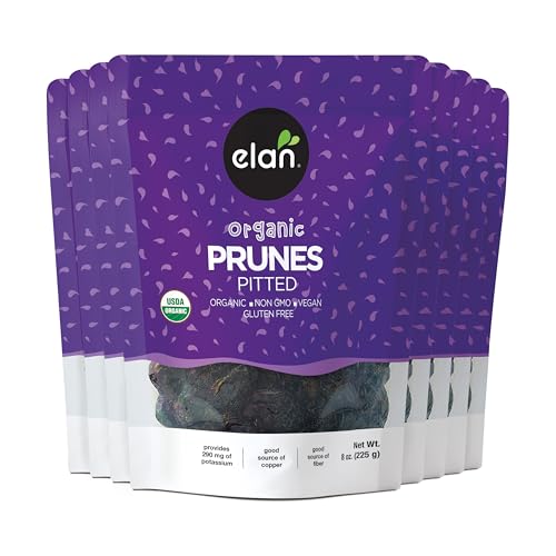 Elan Organic Pitted Prunes, Natural Dried Fruit, No Sugar Added, Sulphite-free, Non-GMO, Vegan, Gluten-Free, Kosher, Healthy Snack, Dried Plums, 8 pack of 7.9 oz
