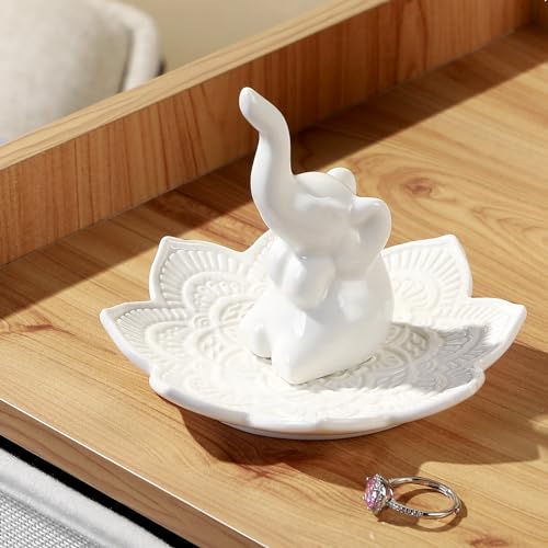 Image of White Elephant Ring Holder with Mandala Jewelry Dish, Boho Decor, Jewelry Holder for Rings Earrings Bracelets, White Elephant Gifts for Adults, Mothers Day Christmas Birthday Gifts for Women