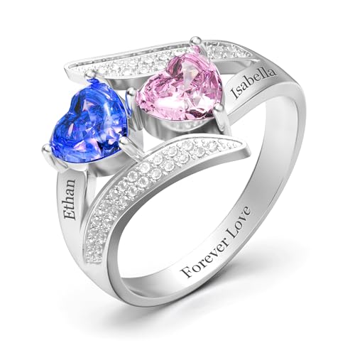 Easycosy Personalized Birthstone Rings for Women - Custom Name Engraved Promise Rings with 1-5 Stones, Customized Sterling Silver Mothers Ring Gifts for Mom, Women, Wife