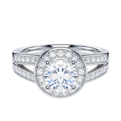 THELANDA 1CT Genuine Moissanite or Simulated Diamond Sterling Silver Split Shank Classic Large Halo Promise Engagement Ring For Women