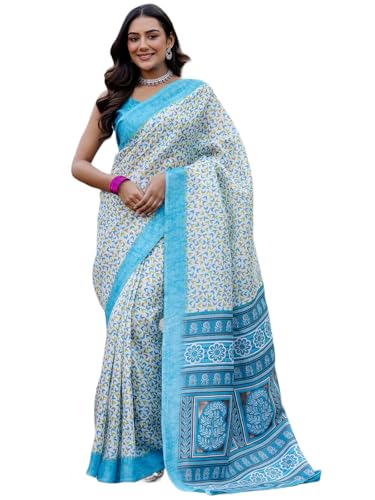 Image of SIRIL Women's Cotton Printed Saree with Unstitched Blouse Piece