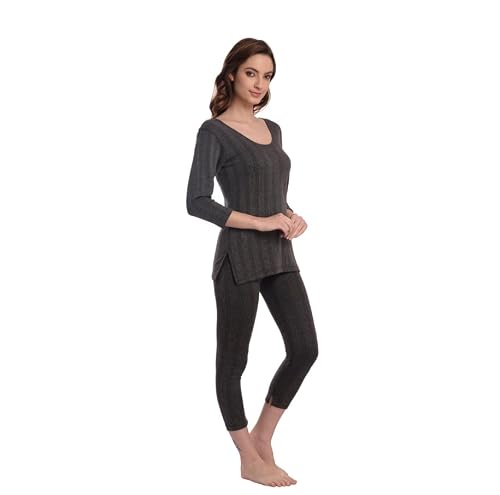 INNER Comfort Women's Thermal Wear Set | Full Sleeve Thermal Top & Full Length Bottom | Soft Stretch Winter Base Layer | Warm Thermals for Women | Winter Innerwear Combo (Charcole, S)