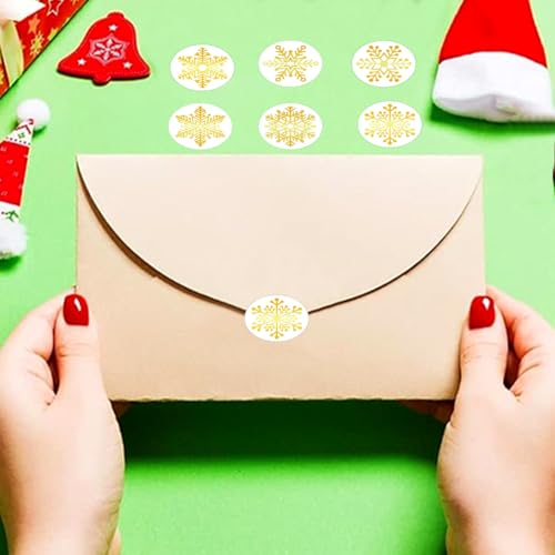 Image of 500Pcs Christmas Stickers Roll for Cards 6 Designs Gold Foil Snowflake Stickers Clear Xmas Winter Holiday Round Adhesive Label Stickers Decal for Xmas Envelopes Invitations Cards Gifts Decor