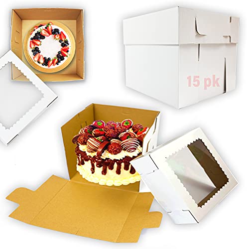 15 Pack Tall Cake Boxes with Window for Tier Cakes 12x12x8 inches White Bakery Pastry Boxes Disposable Cake Container Shipping Carrier Boxes 12  for Wedding Birthday Cake Box (12 x 12 x 8 Inch)